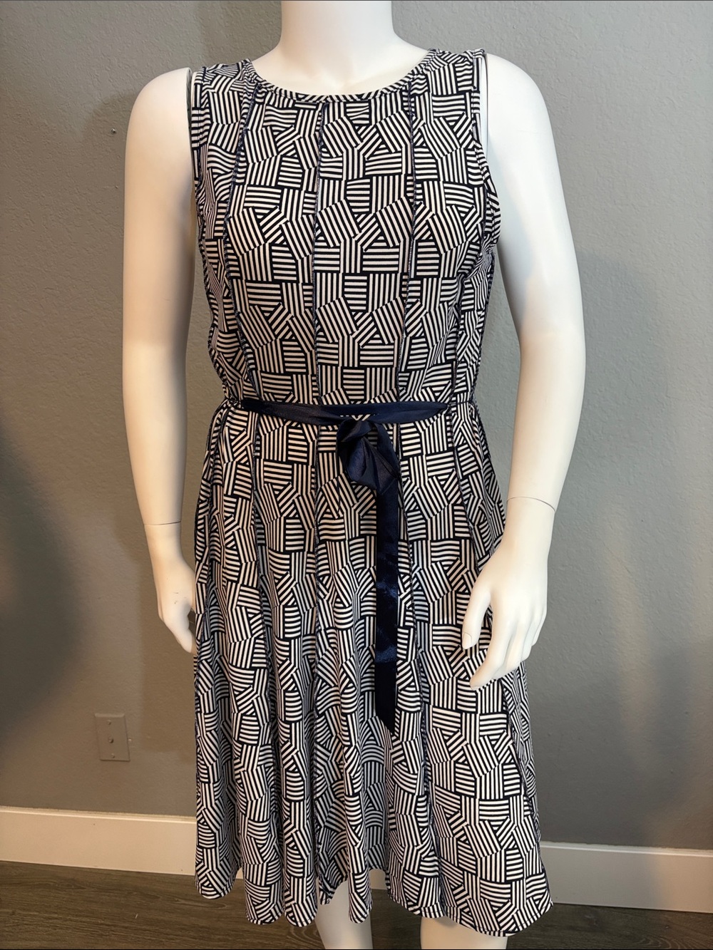 Haani Navy & White Geometric Sleeveless Midi Dress with Tie